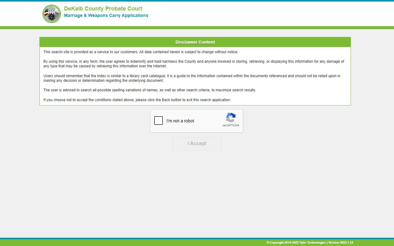 DeKalb County court records Probate Tyler disclaimer page