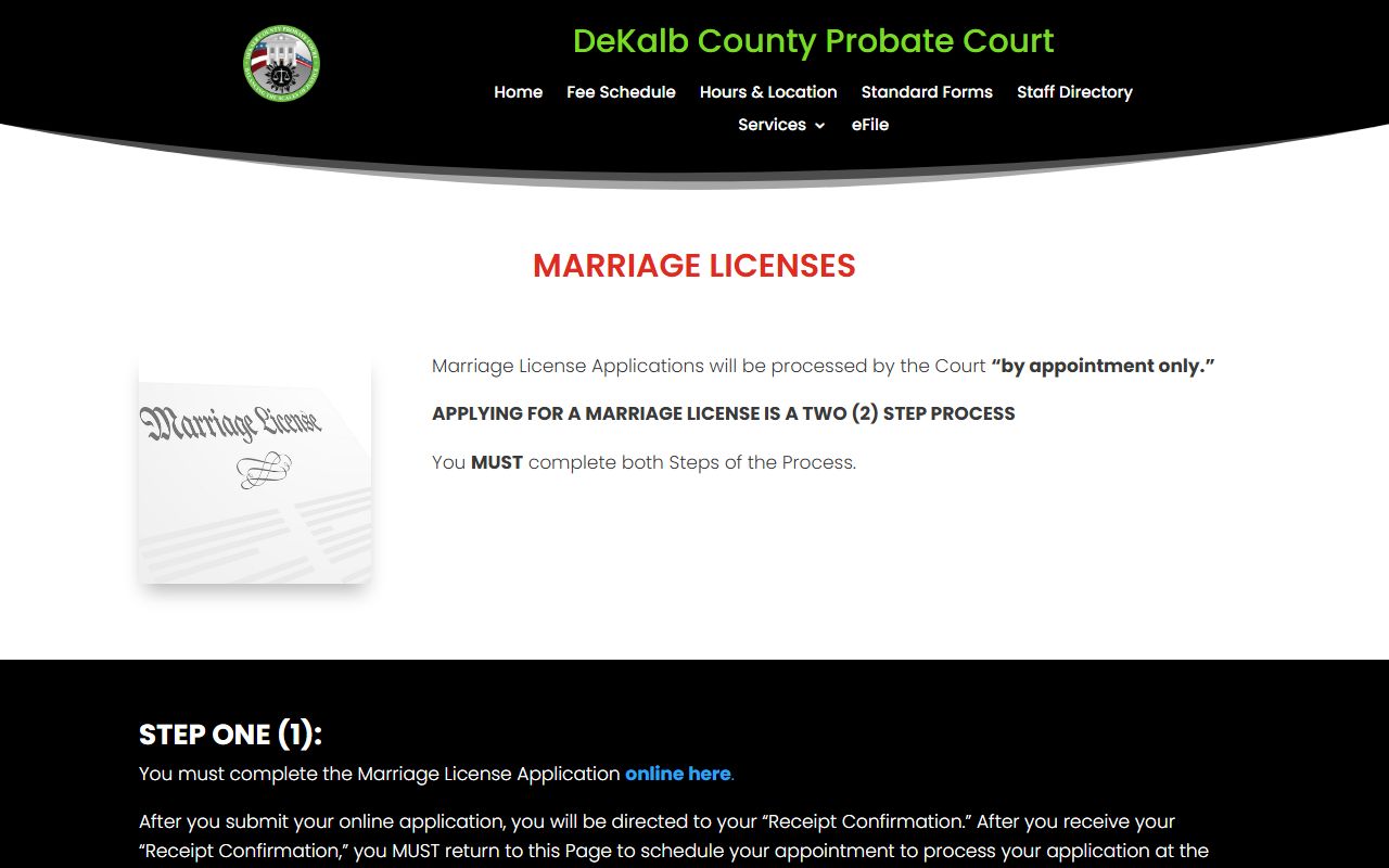 DeKalb County marriage records Probate Court marriage license page